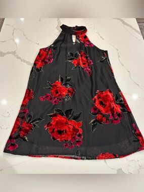 Lily Rose Black Red Velvet Burnout Floral Halter Shift Dress M Vamp Whimsigoth